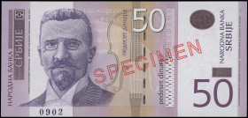 SERBIA: Specimen of 50 Dinara (2011) in violet and tan on multicolor unpt. Stevan Stojanovic Mokranjac at left on face. S/N: "AA 0000000". Red diagona...