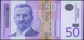 SERBIA: 50 Dinara (2014) in violet and tan on multicolor unpt. Stevan Sojanovic Mokranjac at left on face. S/N: "AG 9581748". WMK: Mokranjac. Signatur...