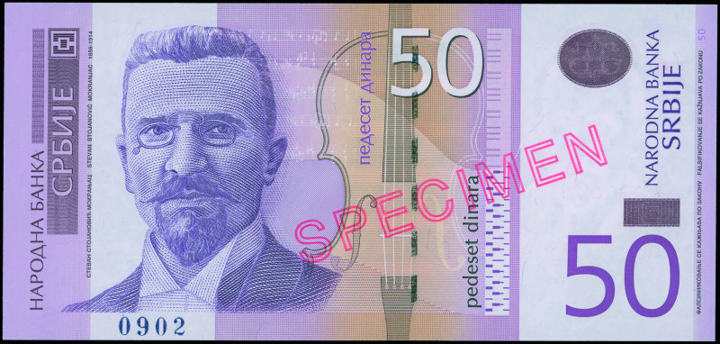 SERBIA: Specimen of 50 Dinara (2014) in violet and tan on multicolor unpt. Steva...