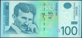 SERBIA: 100 Dinara (2012) in violet, blue and green. Nikola Tesla at left on face. S/N: "AA 8055023". WMK: Tesla. Signature by Dejan Soskic. (Pick 57a...