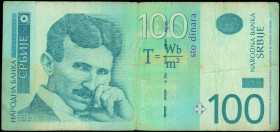 SERBIA: Replacement of 100 Dinara (2012) in violet, blue and green. Nikola Tesla at left on face. S/N: "ZA 0093940". WMK: Tesla. Signature by Dejan So...