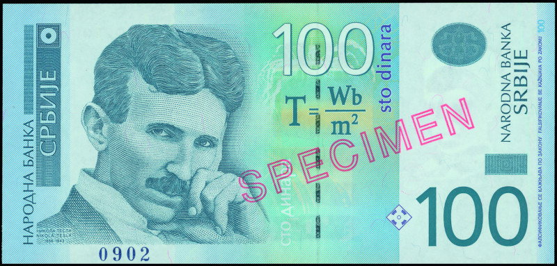 SERBIA: Specimen of 100 Dinara (2012) in violet, blue and green. Nikola Tesla at...