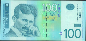 SERBIA: 100 Dinara (2013) in violet, blue and green. Nicola Tesla at left on face. S/N: "BB 0843272". WMK: Tesla. (Pick 57b). Uncirculated.