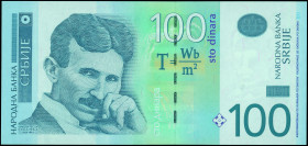 SERBIA: Replacement of 100 Dinara (2013) in violet, blue and green. Nicola Tesla at left on face. S/N: "ZA 0237354". WMK: Tesla. (Pick 57br*). Uncircu...