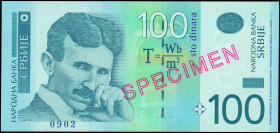 SERBIA: Specimen of 100 Dinara (2013) in violet, blue and green. Nicola Tesla at left on face. S/N: "AA 0000000". Red diagonal ovpt "SPECIMEN" (type M...