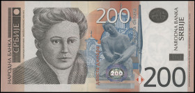 SERBIA: 200 Dinara (2011) in brown and purple on multicolor unpt. Nedezda Petrovic at left on face. S/N: "AA 8161695". WMK: Petrovic. (Pick 58a). Unci...