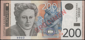 SERBIA: Specimen of 200 Dinara (2011) in brown and purple on multicolor unpt. Nedezda Petrovic at left on face. S/N: "AA 0000000". Red diagonal ovpt "...