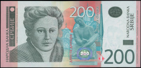 SERBIA: 200 Dinara (2013) in brown on purple on multicolor unpt. Nadezda Petrovic at left on face. S/N: "AB 9938563". WMK: Petrovic. (Pick 58b). Uncir...