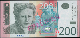 SERBIA: Specimen of 200 Dinara (2013) in brown on purple on multicolor unpt. Nadezda Petrovic at left on face. S/N: "AA 0000000". Red diagonal ovpt "S...