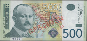 SERBIA: Specimen of 500 Dinara (2011) in olive and green multicolor unpt. Jovan Cvijic at left on face. S/N: "AA 0000000". Red diagonal ovpt "SPECIMEN...