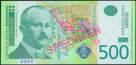 SERBIA: Specimen of 500 Dinara (2012) in olive and green on multicolor unpt. Jovan Cvijic at left on face. S/N: "AA 0000000". Red diagonal ovpt "SPECI...