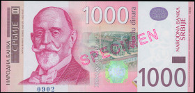 SERBIA: Specimen of 1000 Dinara (2011) in rose on multicolor unpt. Dorde Vajfert at left. S/N: "AA 0000000". Red diagonal ovpt "SPECIMEN" (type M1) on...