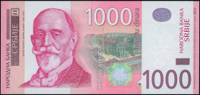 SERBIA: 1000 Dinara (2014) in rose on multicolor unpt. Dorde Vajfert at left on face. S/N: "AK 1252086". WMK: Vajfert. Signature by Jorgovanka Tabakov...