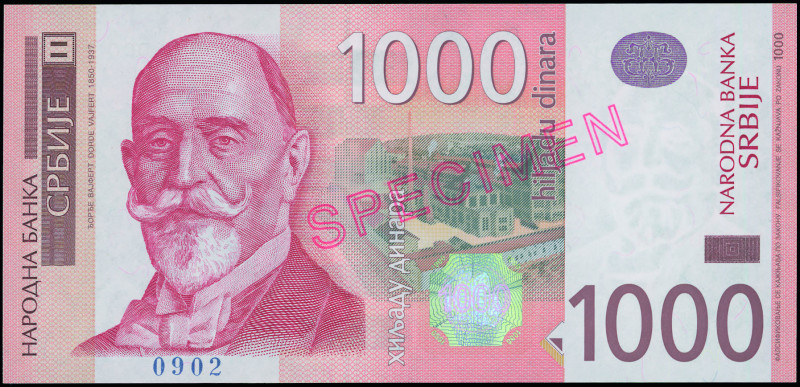 SERBIA: Specimen of 1000 Dinara (2014) in rose on multicolor unpt. Dorde Vajfert...