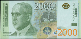 SERBIA: 2000 Dinara (2011) in multicolor. Mulutin Milankovic at left on face. S/N: "AA 9128890". WMK: Milankovic. (Pick 61a). Uncirculated.