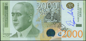 SERBIA: Specimen of 2000 Dinara (2011) in multicolor. Mulutin Milankovic at left on face. S/N: "AA 0000000". Diagonal perfin "SPECIMEN" at center-righ...