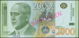 SERBIA: Specimen of 2000 Dinara (2011) in multicolor. Mulutin Milankovic at left on face. S/N: "AA 0000000". Red diagonal ovpt "SPECIMEN" (type M1) on...