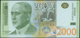 SERBIA: 2000 Dinara (2012) in light green and yellow unpt. Mulutin Milankovic at left on face. S/N: "AA 4800425". WMK: Milankovic. (Pick 61b). Uncircu...