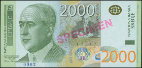 SERBIA: Specimen of 2000 Dinara (2012) in light green and yellow unpt. Mulutin Milankovic at left on face. S/N: "AA 0000000". Red diagonal ovpt "SPECI...