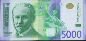 SERBIA: 5000 Dinara (2016) in green, violet and yellow gray. Slobodan Jovanovic at left on face. S/N: "AA 0006819". WMK: Jovanovic. (Pick 62). Uncircu...