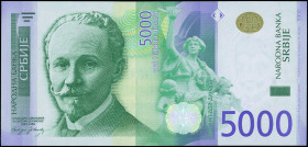 SERBIA: Replacement of 5000 Dinara (2016) in green, violet and yellow gray. Slobodan Jovanovic at left on face. S/N: "ZA 0360303". WMK: Jovanovic. (Pi...