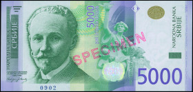 SERBIA: Specimen of 5000 Dinara (2016) in green, violet and yellow gray. Slobodan Jovanovic. S/N: "AA 0000000". Red diagonal ovpt "SPECIMEN" (type M1)...