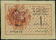 YUGOSLAVIA: Contemporary forgery (rare type) of 1 Dinar (ND 1919) in orange-brown on light tan unpt. Helmeted man at left on face. S/N: "53D 075676". ...