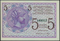 YUGOSLAVIA: Proof of 5 Dinara (ND 1919) in lilac and brown on light blue unpt. Helmeted man at left on face. Without S/N. Black ovpt "ANNULE". (Pick 1...