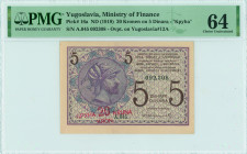 YUGOSLAVIA: 20 Kronen on 5 Dinara (ND 1919) in lilac and brown on light blue unpt. Helmeted man at left on face. S/N: "A.045 092308". Red ovpt of the ...