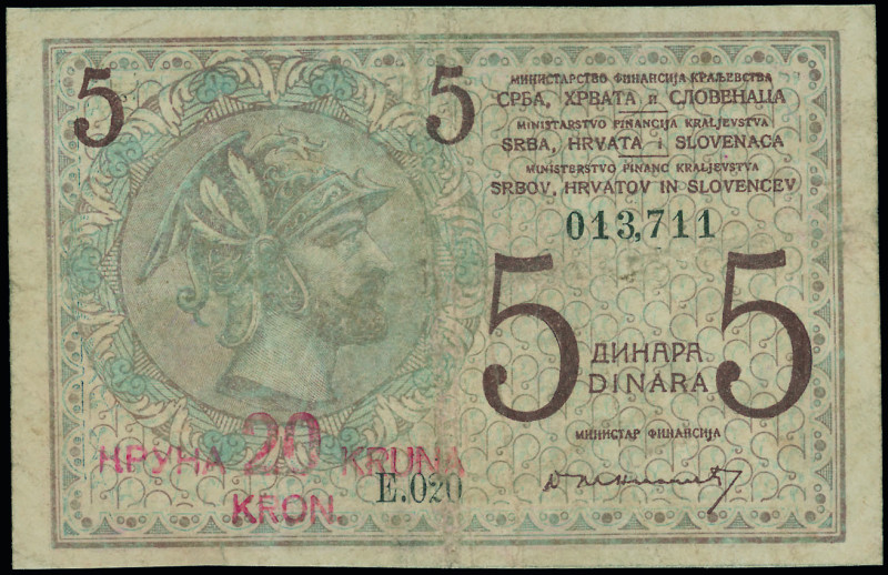 YUGOSLAVIA: 20 Kronen on 5 Dinara (ND 1919) in lilac and brown on light blue unp...