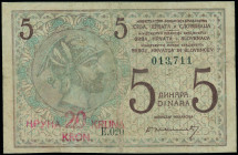 YUGOSLAVIA: 20 Kronen on 5 Dinara (ND 1919) in lilac and brown on light blue unpt. Helmeted man at left on face. S/N: "E.020 013711". Red ovpt of the ...