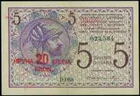 YUGOSLAVIA: 20 Kronen on 5 Dinara (ND 1919) in lilac and brown on light blue unpt. Helmeted man at left on face. S/N: "D.088 023584". Red ovpt of the ...