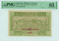 YUGOSLAVIA: 80 Kronen on 20 Dinara (1.2.1919) in olive. Farmers plowing with oxen on face. S/N: "01432 008190". Red ovpt of the new value. Inside hold...