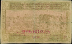 YUGOSLAVIA: Contemporary forgery of 80 Kronen on 20 Dinara (1.2.1919) in olive. Farmers plowing with oxen on face. S/N: "04810 100517". (Pick 18). Ver...