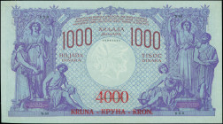 YUGOSLAVIA: 4000 Kronen on 1000 Dinara (ND 1919) in gray-violet. Three allegorical figures at left and right on face. S/N: "Ђ.40 638". WMK: Helmeted m...