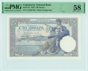 YUGOSLAVIA: 100 Dinara (30.11.1920) in purple on yellow unpt. Boats in water at center and seated woman with sword at right on face. S/N: "Γ.1329 032"...