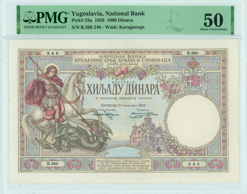 YUGOSLAVIA: 1000 Dinara (30.11.1920) in brown and multicolor. St George slaying ...