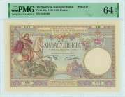 YUGOSLAVIA: Proof of 1000 Dinara (30.11.1920) in brown and multicolor. St George slaying dragon at left, church at center-right on face. S/N: "O.00 00...