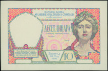 YUGOSLAVIA: Proof of face of 10 Dinara (26.5.1926) in red-orange, blue and multicolor. Woman at right on face. Uniface. Without WMK. (Pick 25p). Uncir...