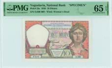 YUGOSLAVIA: Specimen of 10 Dinara (26.5.1926) in red-orange, blue and multicolor. Woman at right on face. S/N: "O.000 000". WMK: Woman head. Inside ho...