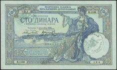 YUGOSLAVIA: 100 Dinara (ND 1941 / old date 1.12.1929) in purple on yellow unpt. Boats in water at center and seated woman with sword at right on face....