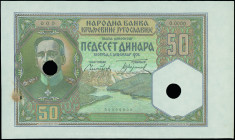 YUGOSLAVIA: Proof of face of 50 Dinara (1.12.1931) in brown and multicolor. Portrait of King Alexander I at left. Uniface. S/N: "O.0000 000". Two punc...