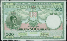 YUGOSLAVIA: Proof of face of 500 Dinara (6.9.1936) (issued with date 1935) in green on light blue unpt, printed on thin paper. Peter II at left. S/N: ...