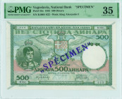 YUGOSLAVIA: Specimen of 500 Dinara (6.9.1935) in green on light blue and pink unpt. Peter II at left on face. S/N: "Б.0001 022". Violet ovpt "SPECIMEN...