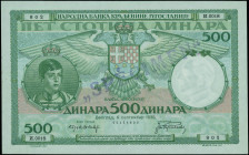 YUGOSLAVIA: Specimen of 500 Dinara (6.9.1935) in green on light blue and pink unpt. Peter II at left on face. S/N: "И.0018 802". Violet ovpt "SPECIMEN...