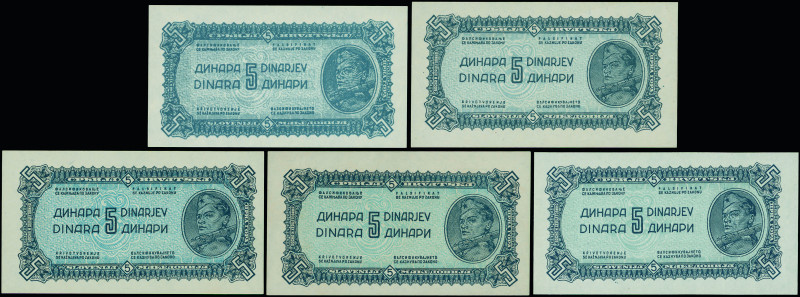 YUGOSLAVIA: Lot of 5 banknotes of 5 Dinara (1944) in blue. Soldier with rifle at...