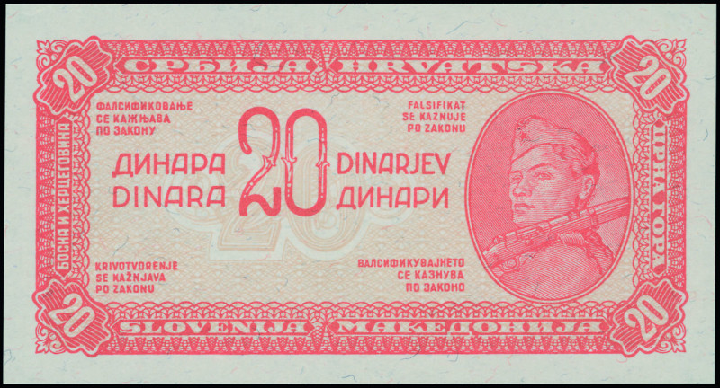 YUGOSLAVIA: Proof of face of 20 Dinara (1944) in orange on light tan unpt. Soldi...