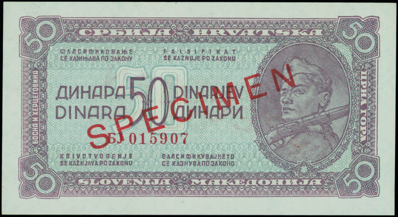 YUGOSLAVIA: Specimen of 50 Dinara (1944) in violet on gray unpt. Soldier with ri...