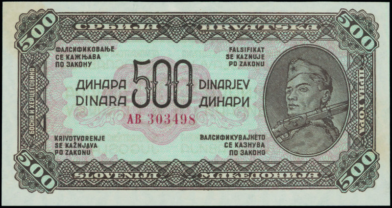 YUGOSLAVIA: 500 Dinara (1944) in brown on orange and light green unpt. Soldier w...