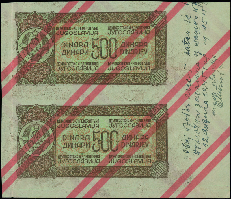 YUGOSLAVIA: Uncut sheet of 2 proofs of back of 500 Dinara (1944) in brown. Coat ...